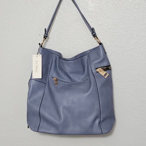 LeMiel Vegan Leather Blue 15" x 16" tote Shoulder Bag - Picture 1 of 12
